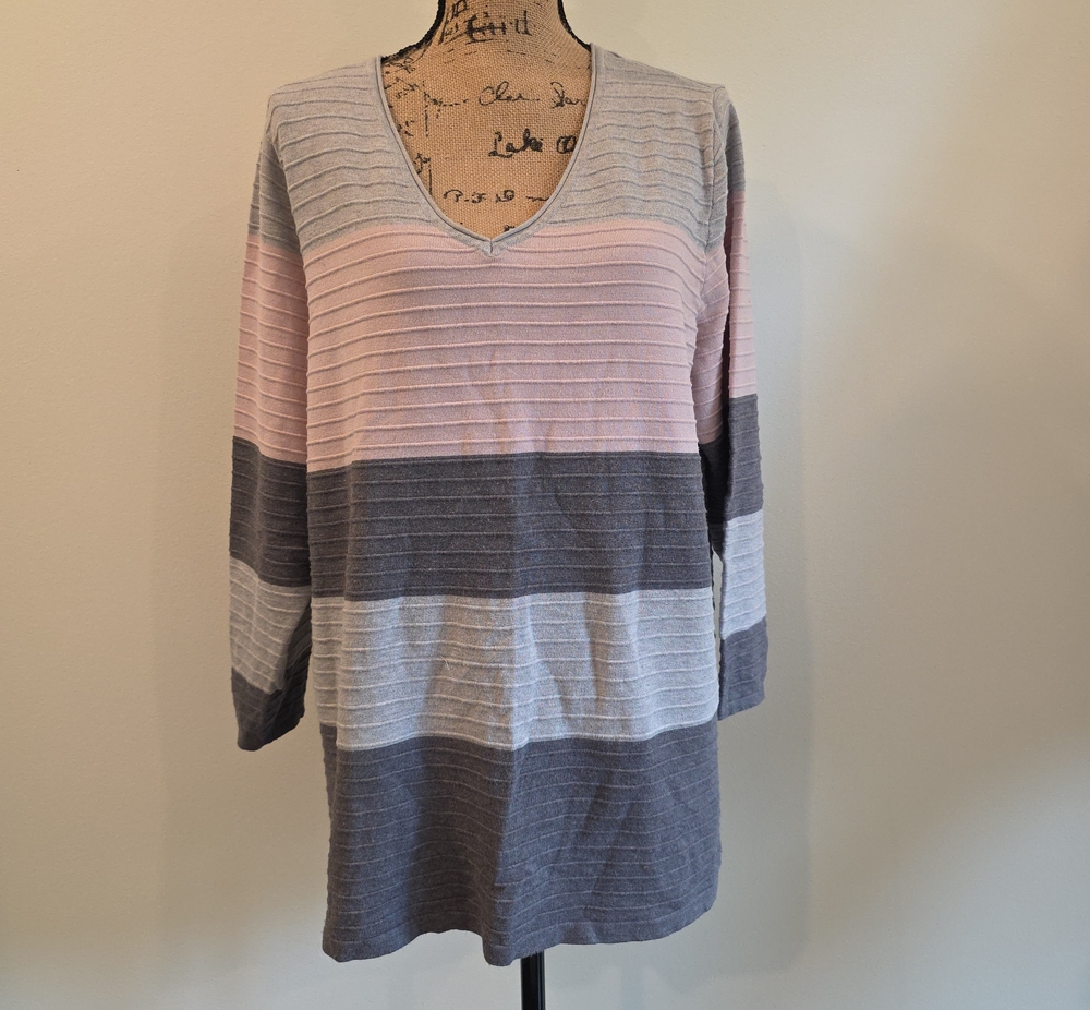 Relaxed Striped V-Neck Tunic Sweater - Pink, Gray & White